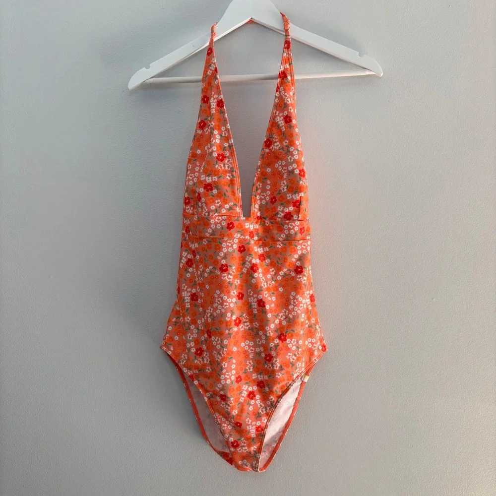 Summersalt Deep V Halter One Piece Swimsuit Womens 12 Floral Orange NWT Poolside